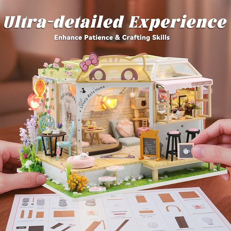 Flever Cat Cafe Garden DIY miniature house kit — finished and lit