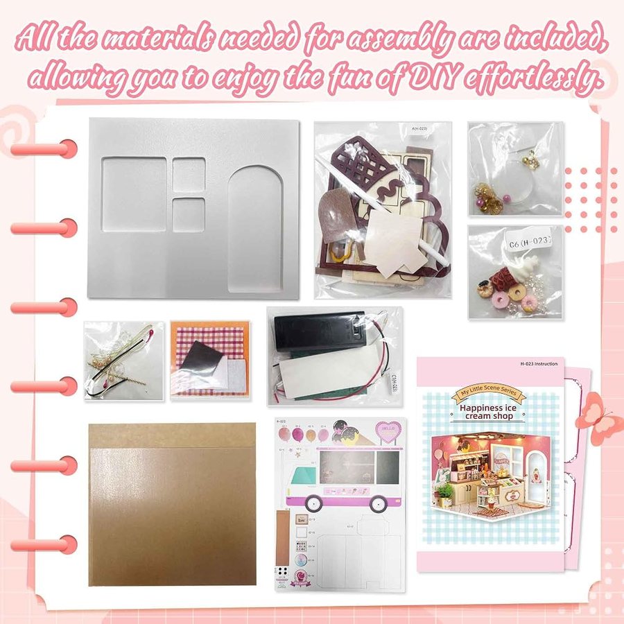 Flever Happiness Ice Cream Shop DIY miniature house kit — what comes in the box