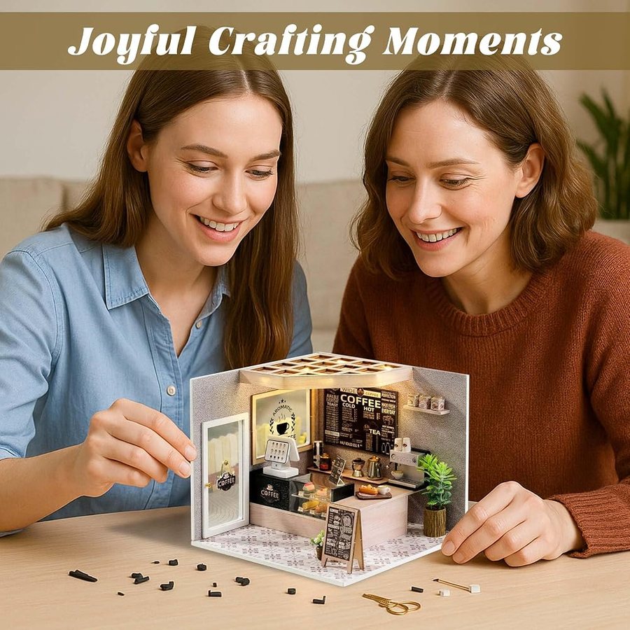 Flever Leisurely Coffee Shop DIY miniature house kit — finished and lit