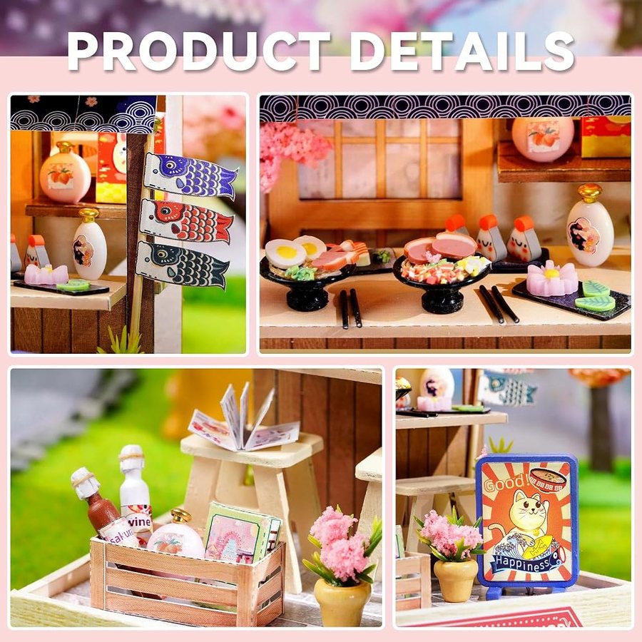 Flever Sakura Noodles Shop DIY miniature house kit — finished and lit